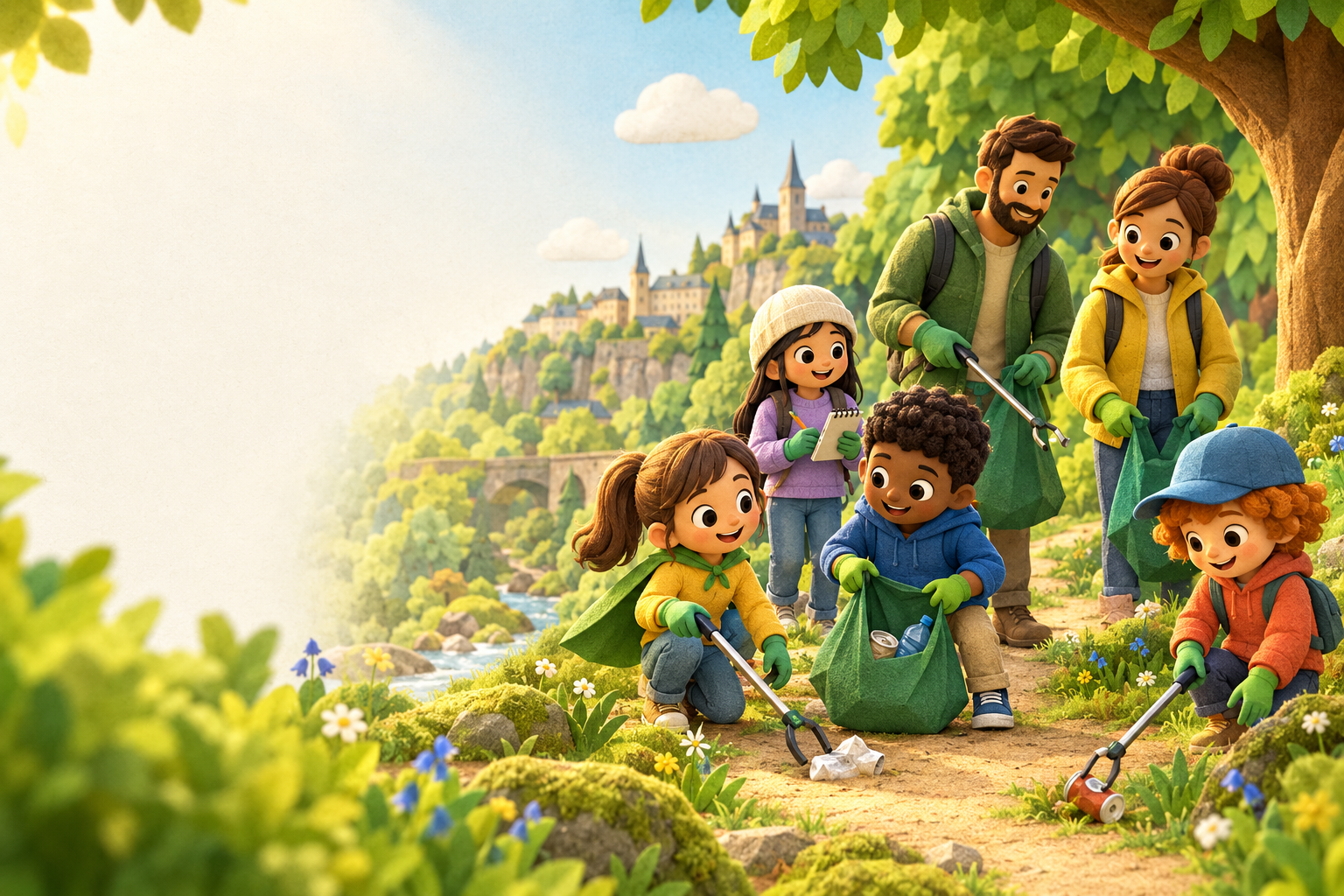 Illustrated family cleaning up a path in Luxembourg together